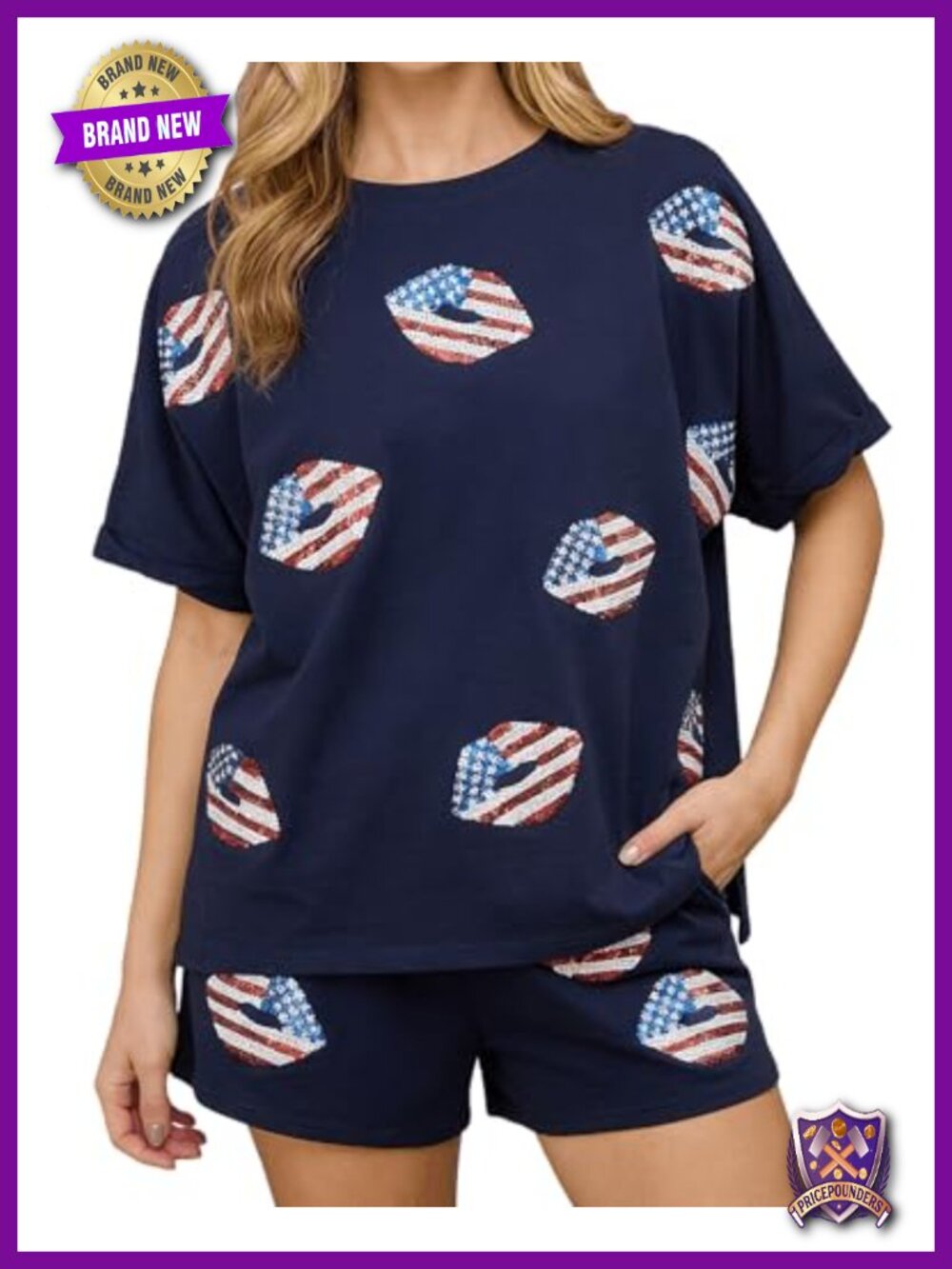 Women 2 Piece Sequin Short Sleeve T Shirt & Shorts Lounge Set Patriotic Summer